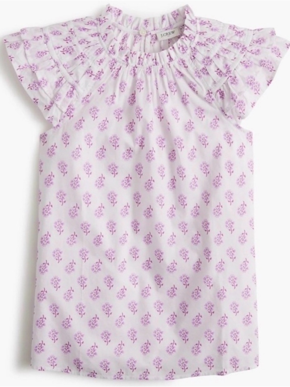 NWOT Cotton J. Crew White Blouse with Purple Floral Ruffle Sleeves